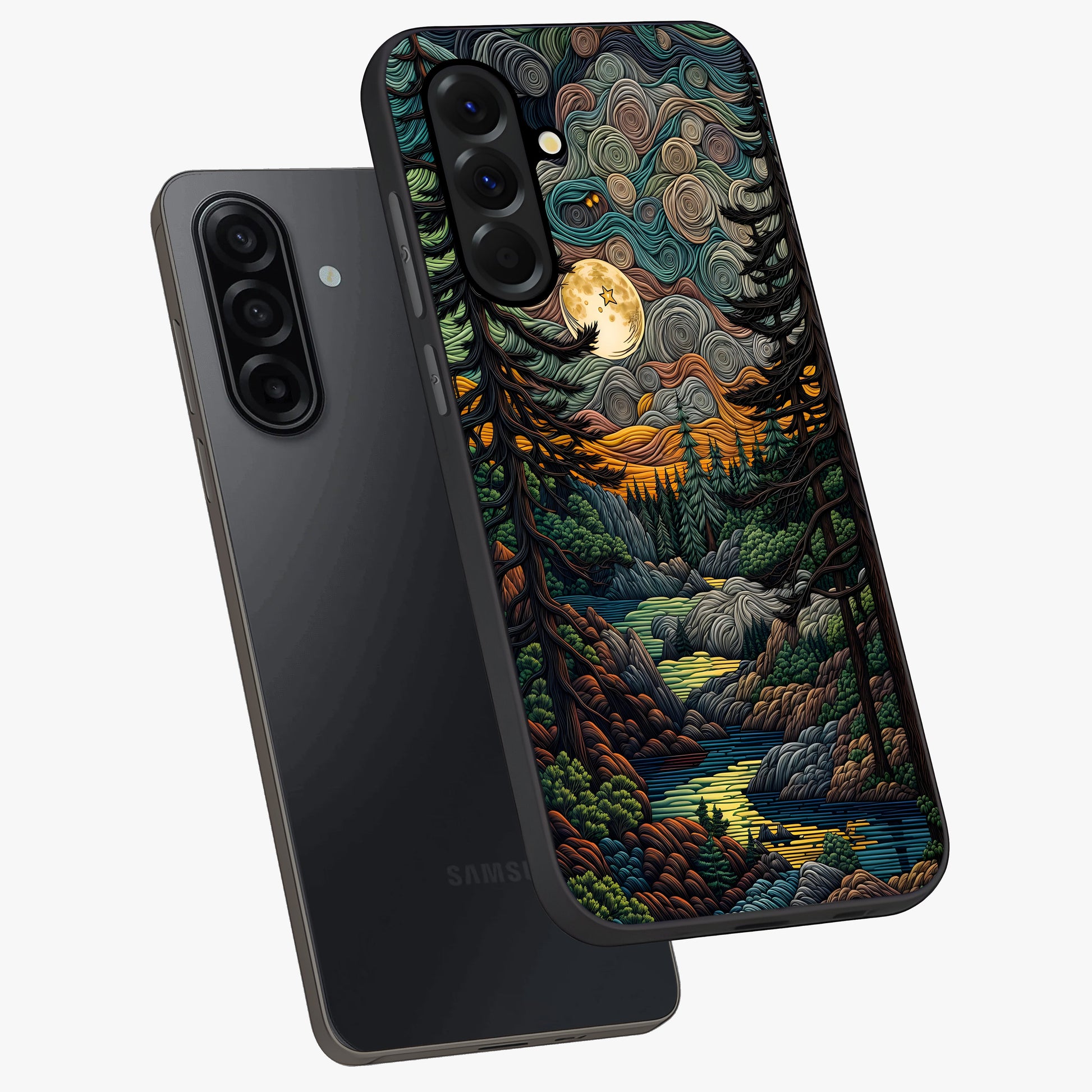 Moonlight Forest Dream Glass Case displayed in angled mockup highlighting dreamy forest design with glowing moon aesthetic.