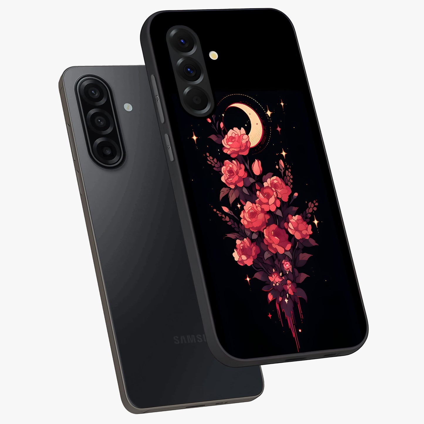 Moonlit Floral Elegance Glass Case displayed in angled mockup highlighting graceful flower design with soft moonlight aesthetic.