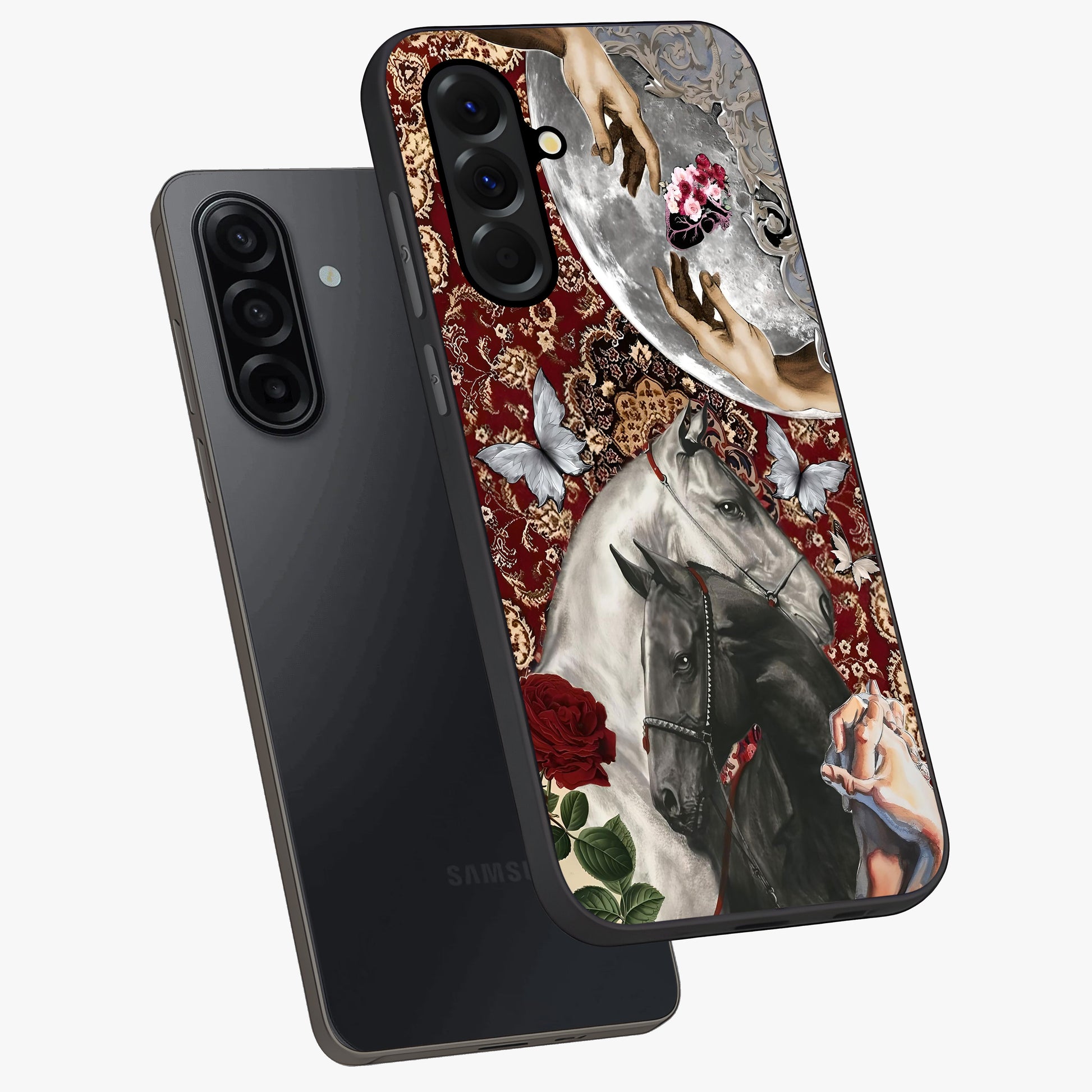 Moonlit Royal Stallion Glass Case displayed in angled mockup highlighting powerful stallion illustration with royal night aesthetic.