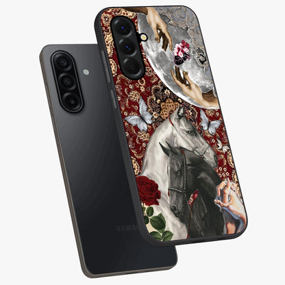 Moonlit Royal Stallion Glass Case displayed in angled mockup highlighting powerful stallion illustration with royal night aesthetic.