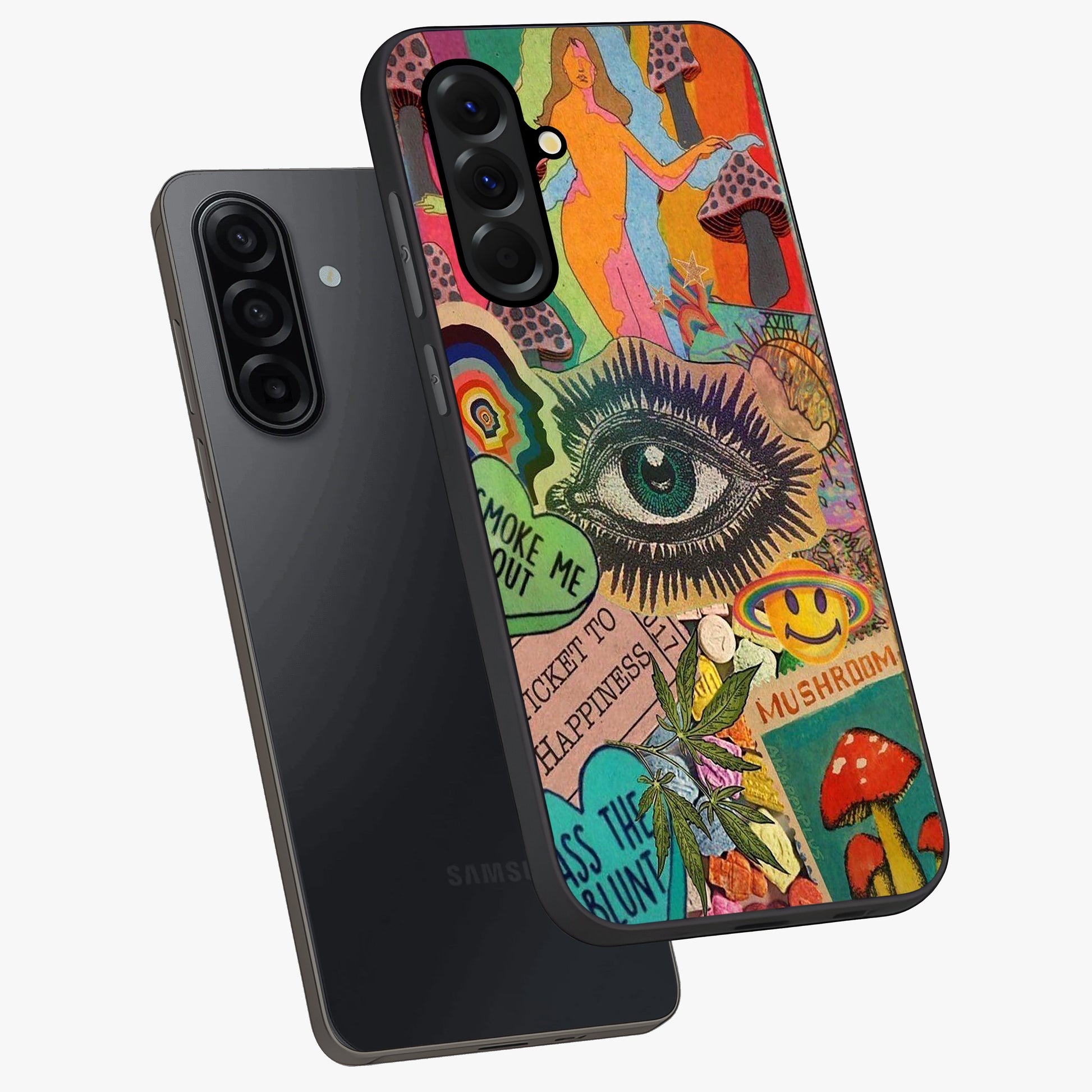 Mystic Eye Wonderland Glass Case displayed in angled mockup highlighting magical eye illustration with dreamy aesthetic.