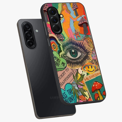 Mystic Eye Wonderland Glass Case displayed in angled mockup highlighting magical eye illustration with dreamy aesthetic.