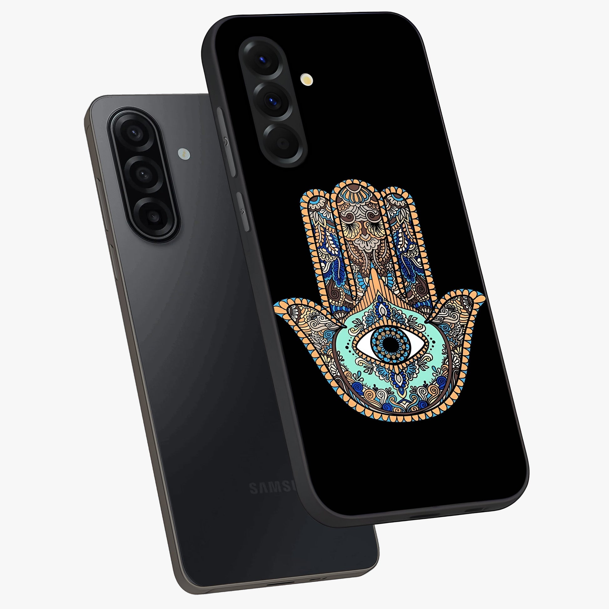 Mystic Hamsa Eye Glass Case displayed in angled mockup highlighting spiritual hamsa symbol with mystical aesthetic style.