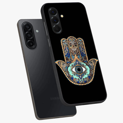 Mystic Hamsa Eye Glass Case displayed in angled mockup highlighting spiritual hamsa symbol with mystical aesthetic style.