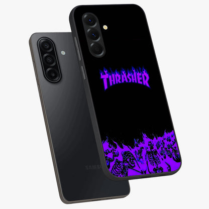 Neon Flame Riot Glass Case displayed in angled mockup highlighting glowing flame design with vibrant neon aesthetic.