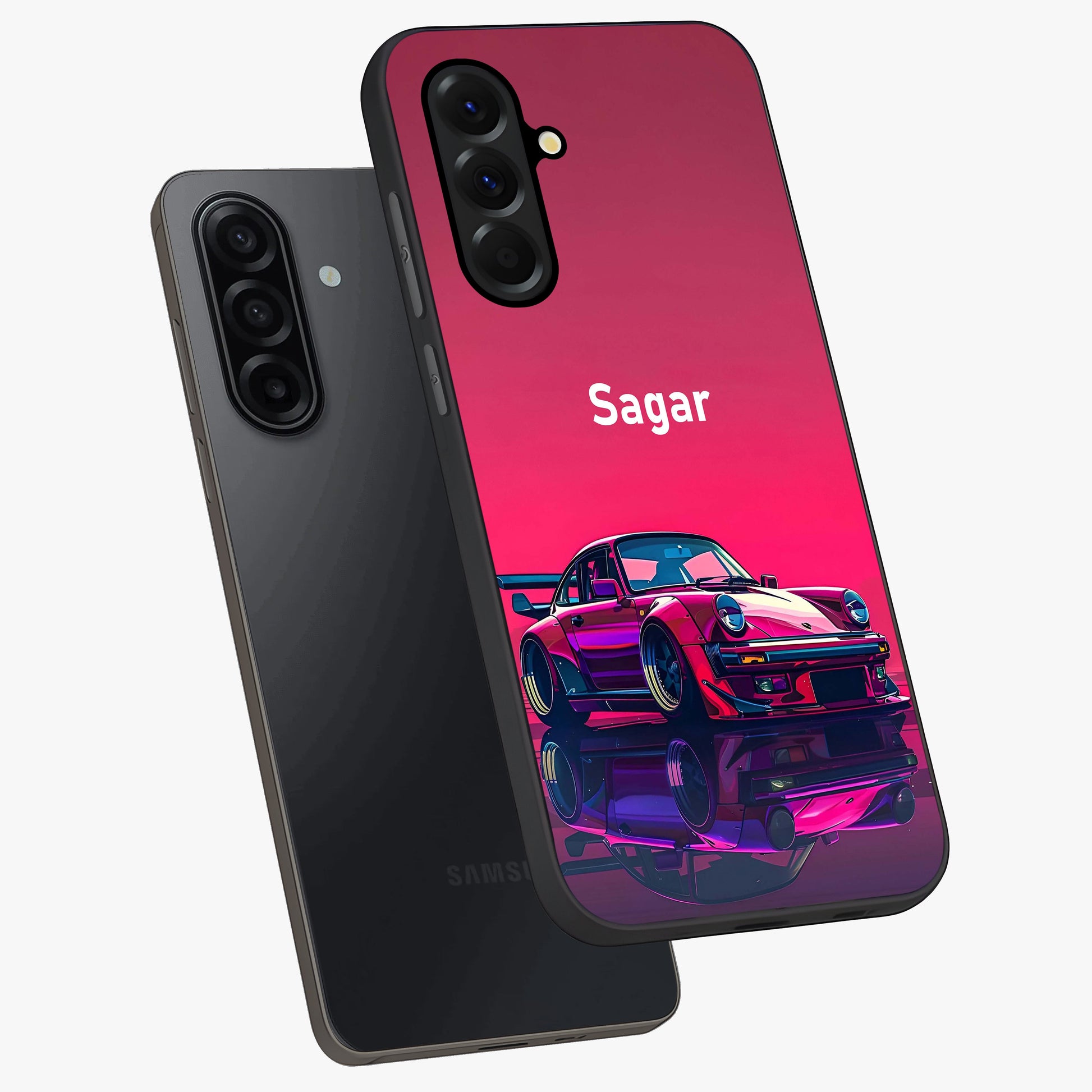 Neon Pink Porsche Glass Case displayed in angled mockup highlighting sleek neon pink car design with racing aesthetic.