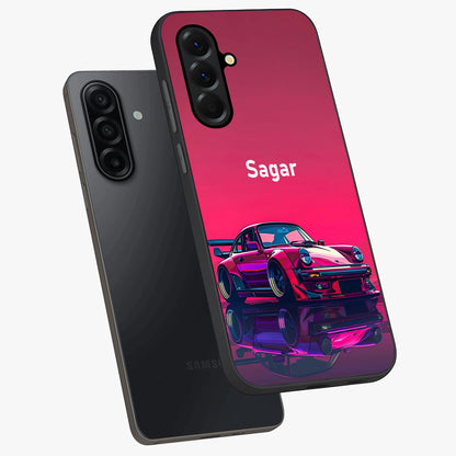Neon Pink Porsche Glass Case displayed in angled mockup highlighting sleek neon pink car design with racing aesthetic.