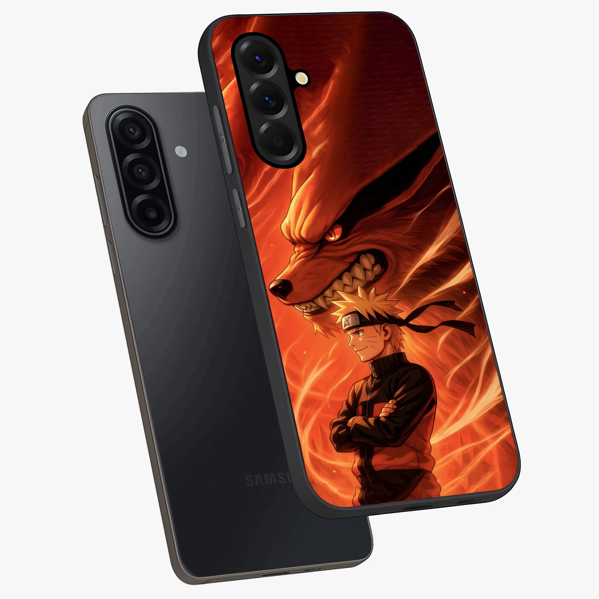 Nine Tails Legacy Glass Case displayed in angled mockup highlighting dynamic anime beast illustration with bold mystical aesthetic.