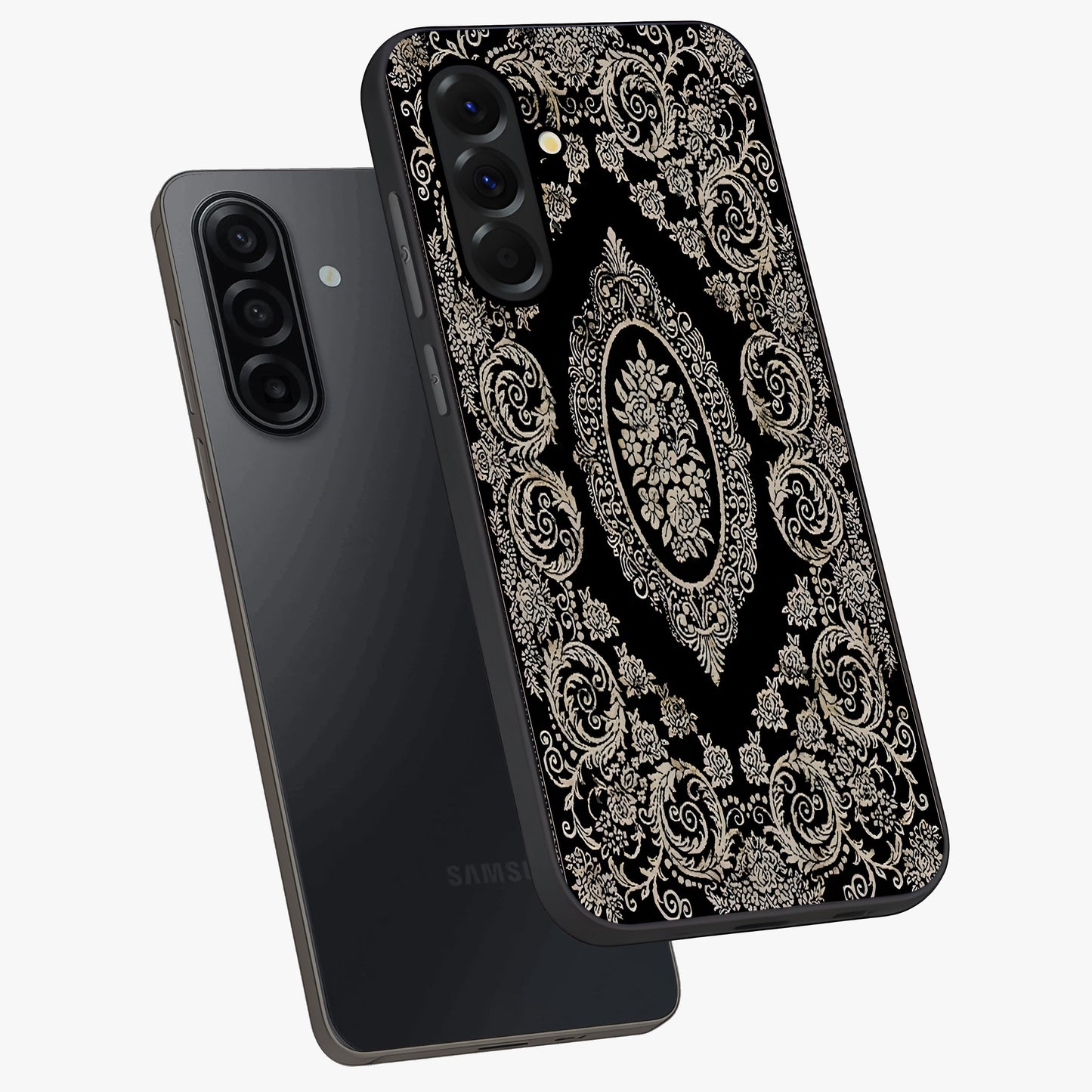 Noir Bloom Elegance Glass Case displayed in angled mockup highlighting refined flower design with stylish noir aesthetic.