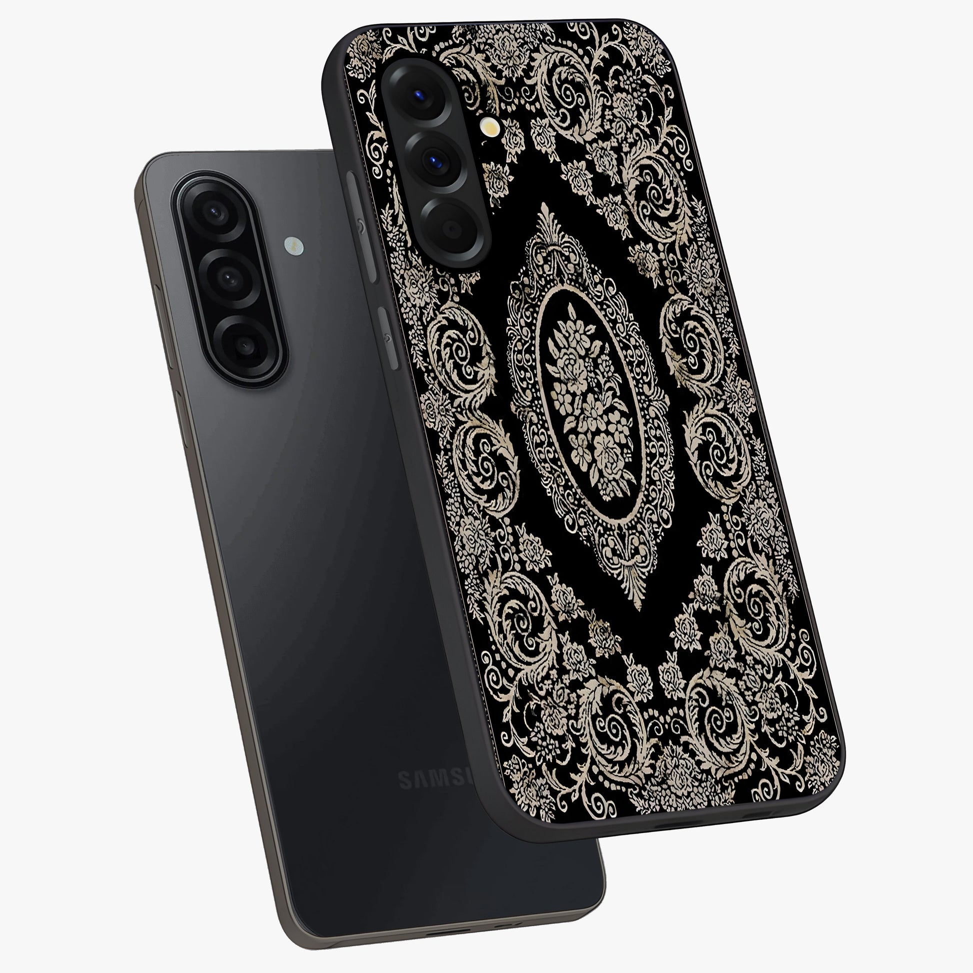 Noir Bloom Elegance Glass Case displayed in angled mockup highlighting refined flower design with stylish noir aesthetic.