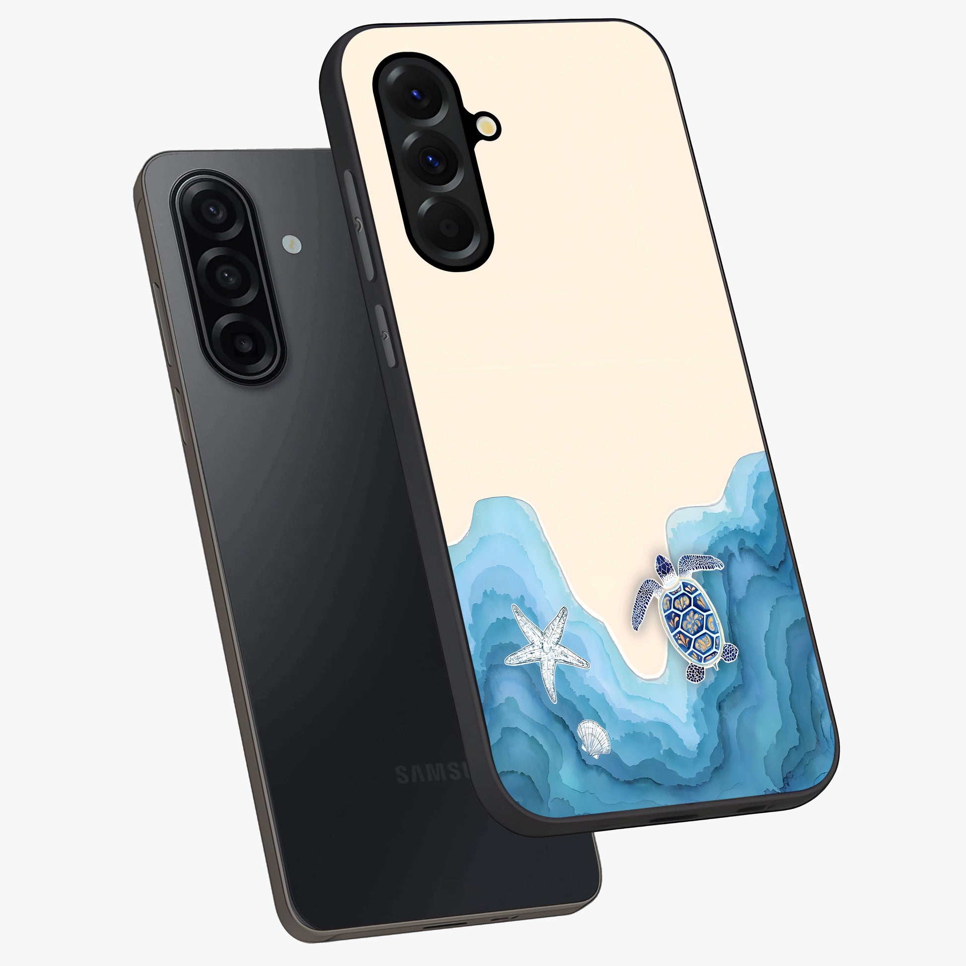 Ocean Drift Turtle Glass Case displayed in angled mockup highlighting peaceful ocean turtle illustration with marine aesthetic.