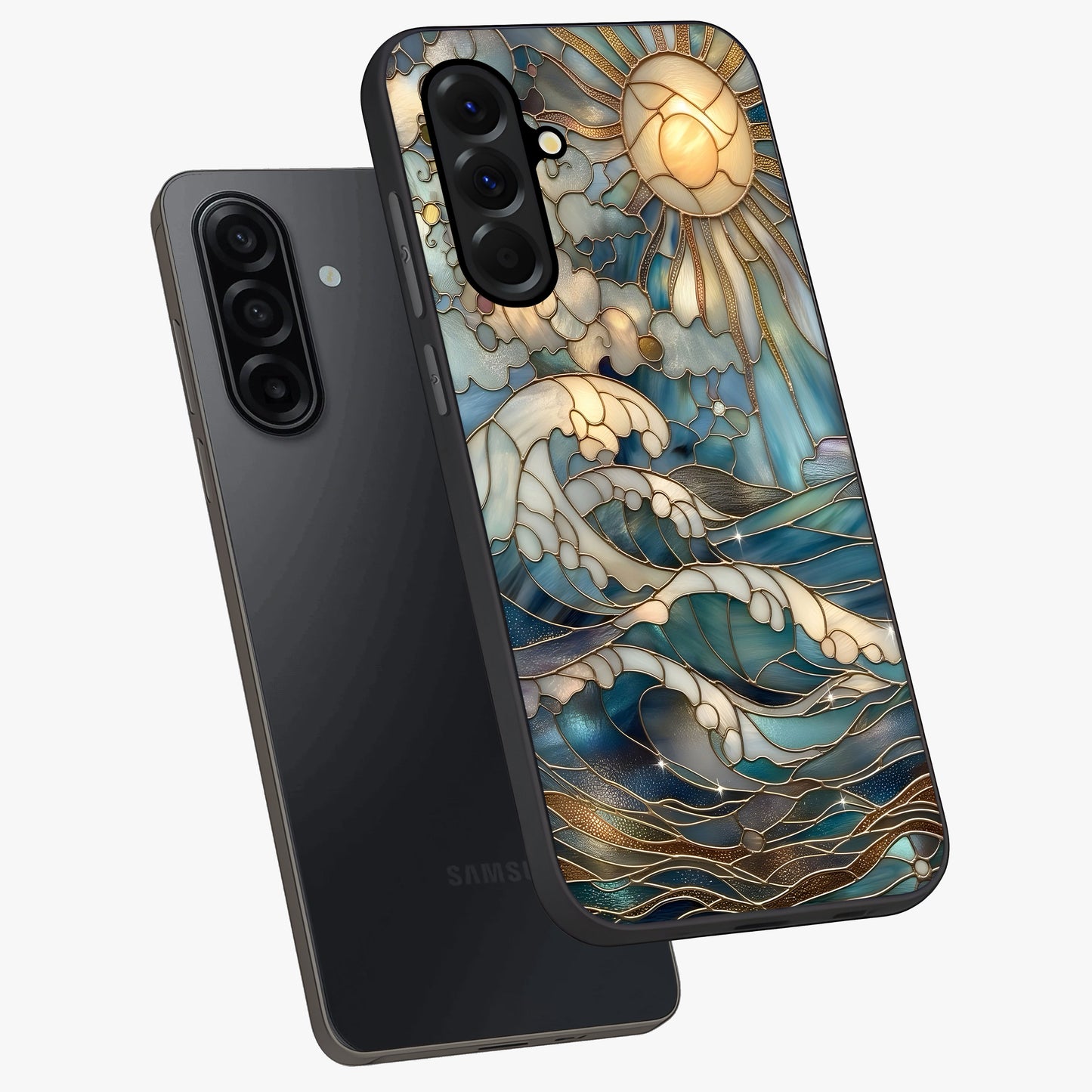 Oceanic Stained Printed Glass Case displayed in angled mockup highlighting colorful aquatic design with artistic aesthetic style.