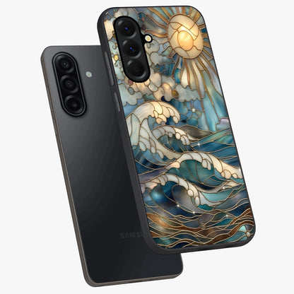 Oceanic Stained Printed Glass Case displayed in angled mockup highlighting colorful aquatic design with artistic aesthetic style.