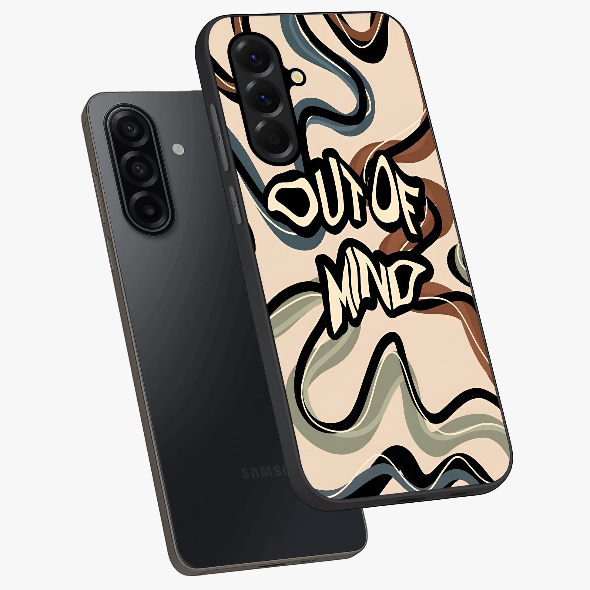 Out Of Mind Glass Case displayed in angled mockup highlighting bold statement design with modern artistic aesthetic.