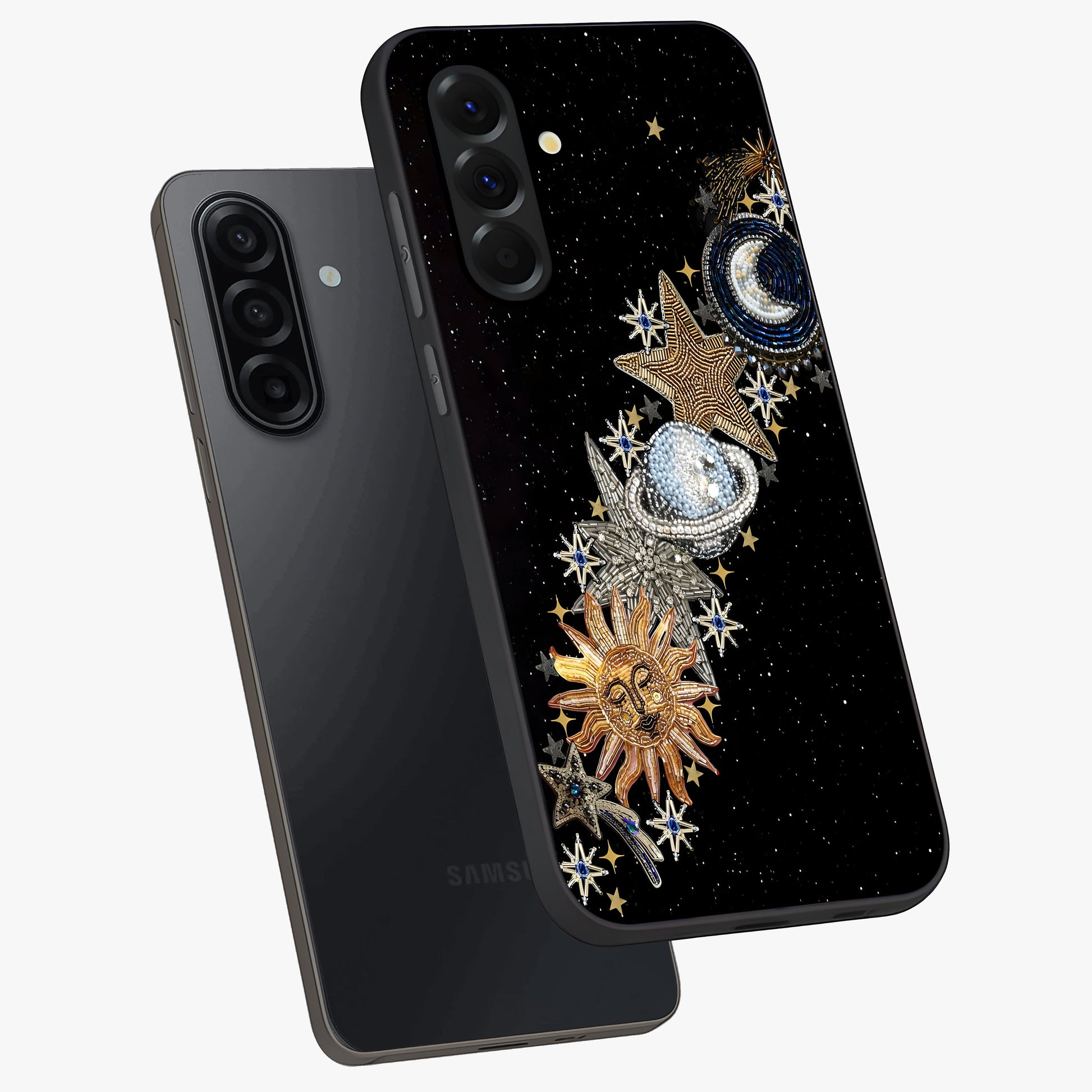 Pearls Universe Object Glass Case displayed in angled mockup highlighting celestial pearl design with dreamy aesthetic.