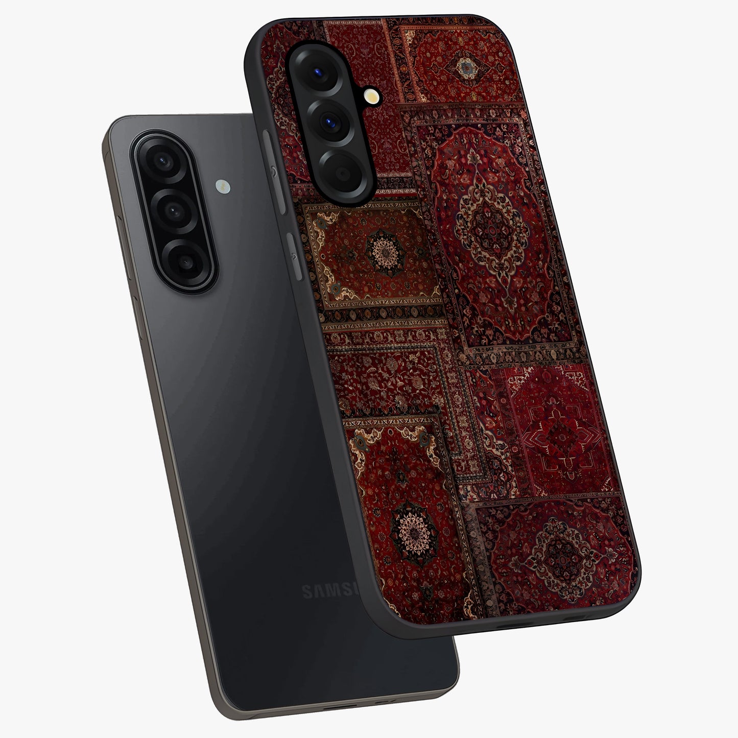 Persian Velvet Tale Glass Case displayed in angled mockup highlighting ornate textile inspired design with royal aesthetic.