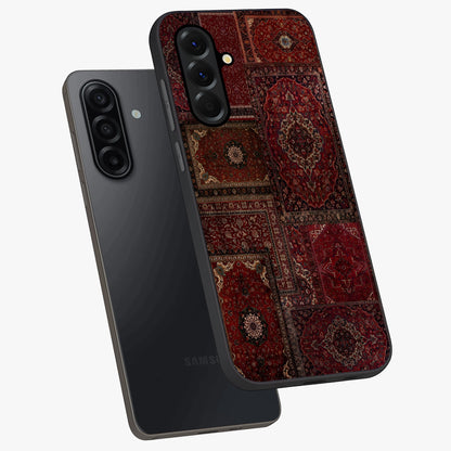 Persian Velvet Tale Glass Case displayed in angled mockup highlighting ornate textile inspired design with royal aesthetic.