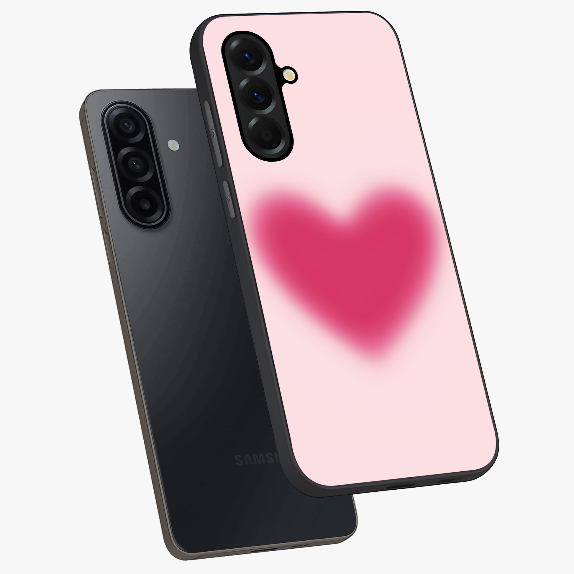 Pink Aura Heart Glass Case displayed in angled mockup highlighting vibrant pink heart design with dreamy aura aesthetic.