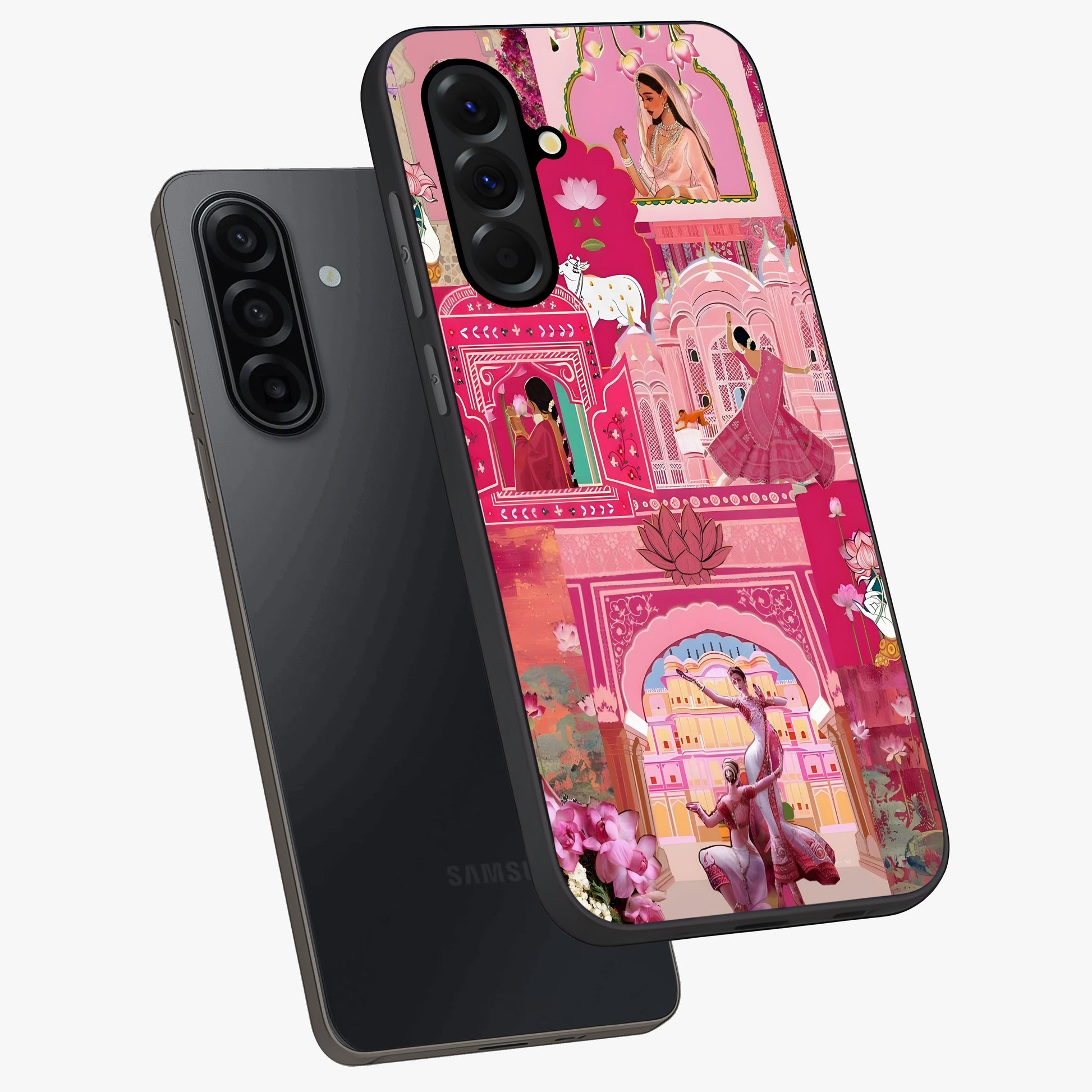 Pink Palace Muse Glass Case displayed in angled mockup highlighting dreamy palace illustration with soft pink aesthetic.