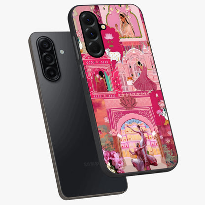 Pink Palace Muse Glass Case displayed in angled mockup highlighting dreamy palace illustration with soft pink aesthetic.