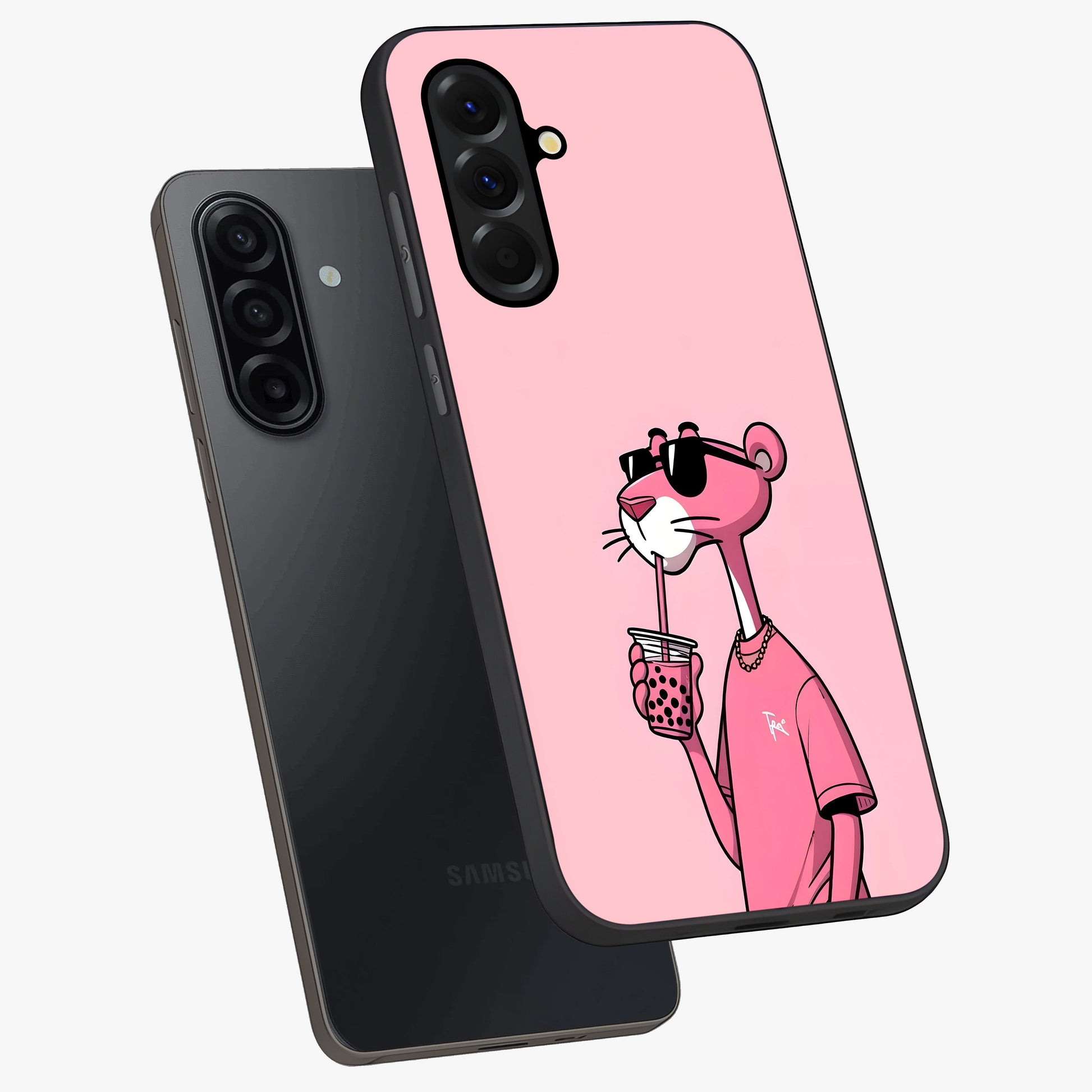 Pink Panther Glass Case displayed in angled mockup highlighting playful cartoon character design with vibrant pink aesthetic.