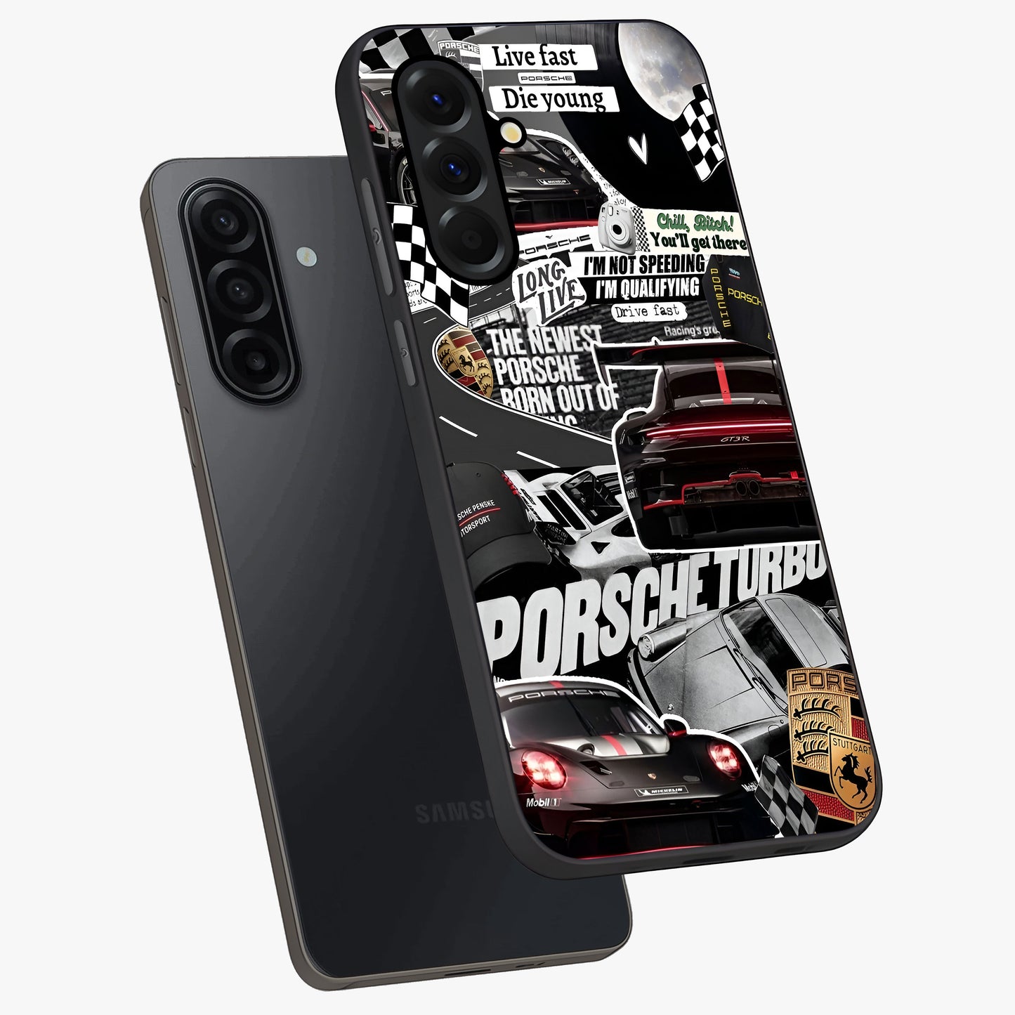Porsche Racing Collage Glass Case displayed in angled mockup highlighting dynamic automotive design with bold racing aesthetic.