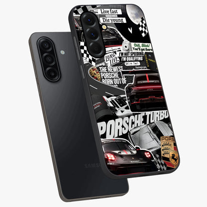 Porsche Racing Collage Glass Case displayed in angled mockup highlighting dynamic automotive design with bold racing aesthetic.