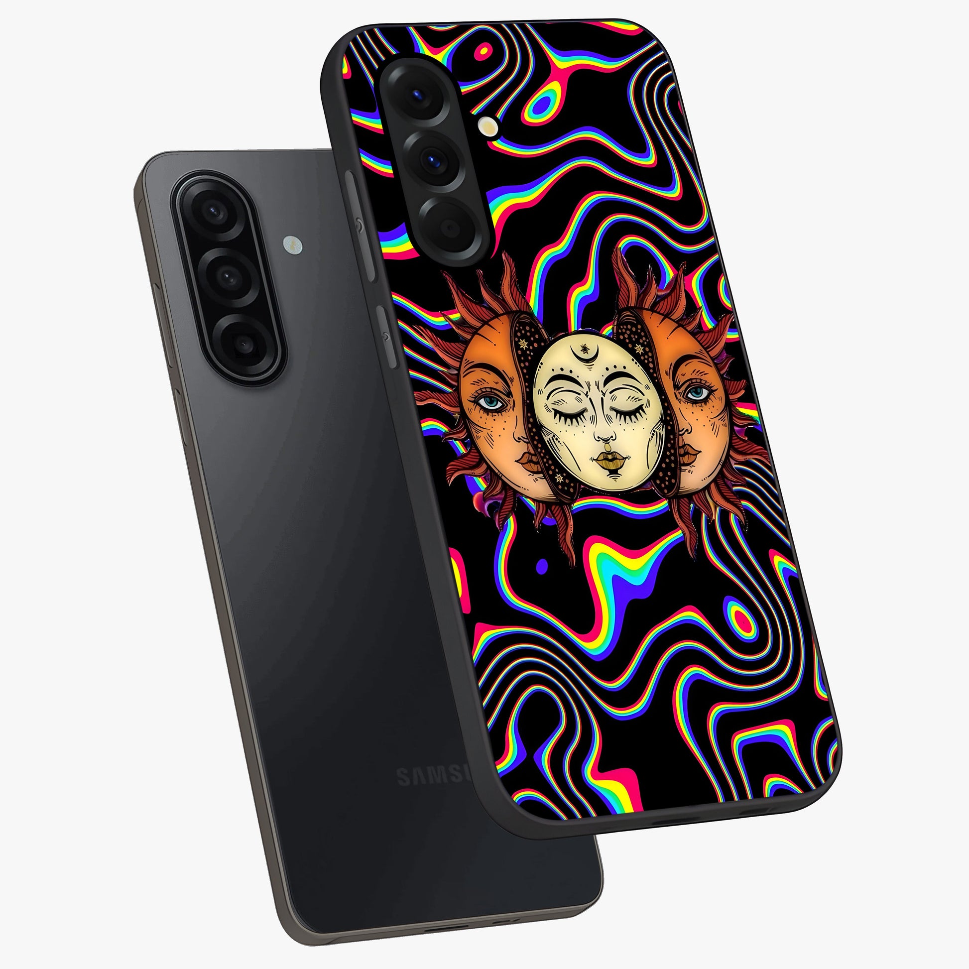 Psychedelic Sun Glass Case displayed in angled mockup highlighting vibrant abstract sun design with artistic aesthetic style.