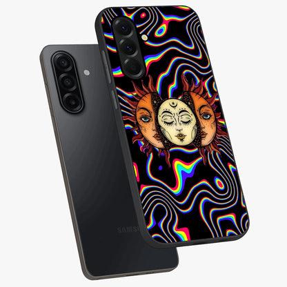 Psychedelic Sun Glass Case displayed in angled mockup highlighting vibrant abstract sun design with artistic aesthetic style.