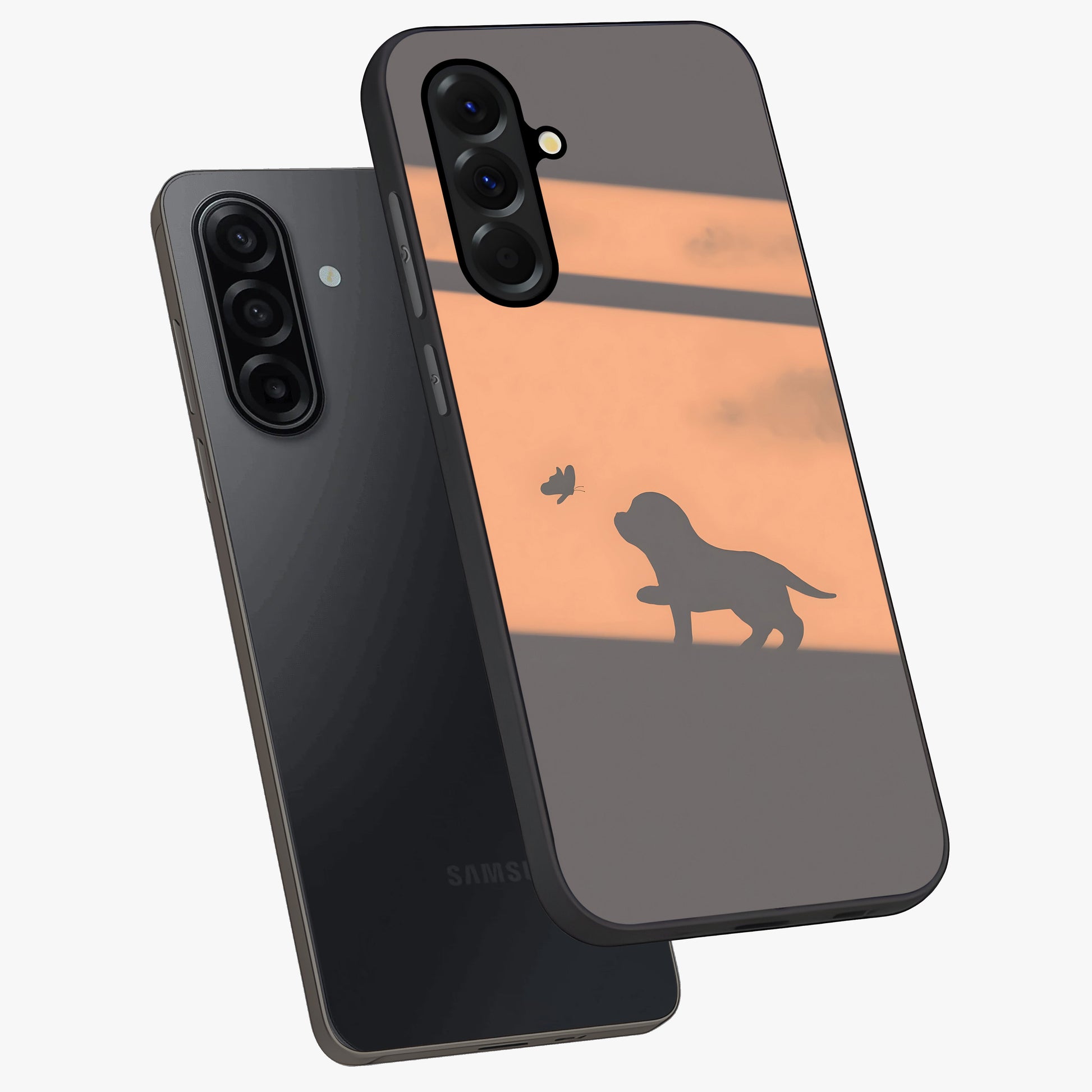 Puppy Shadow Art Glass Case displayed in angled mockup highlighting playful dog illustration with artistic shadow aesthetic.