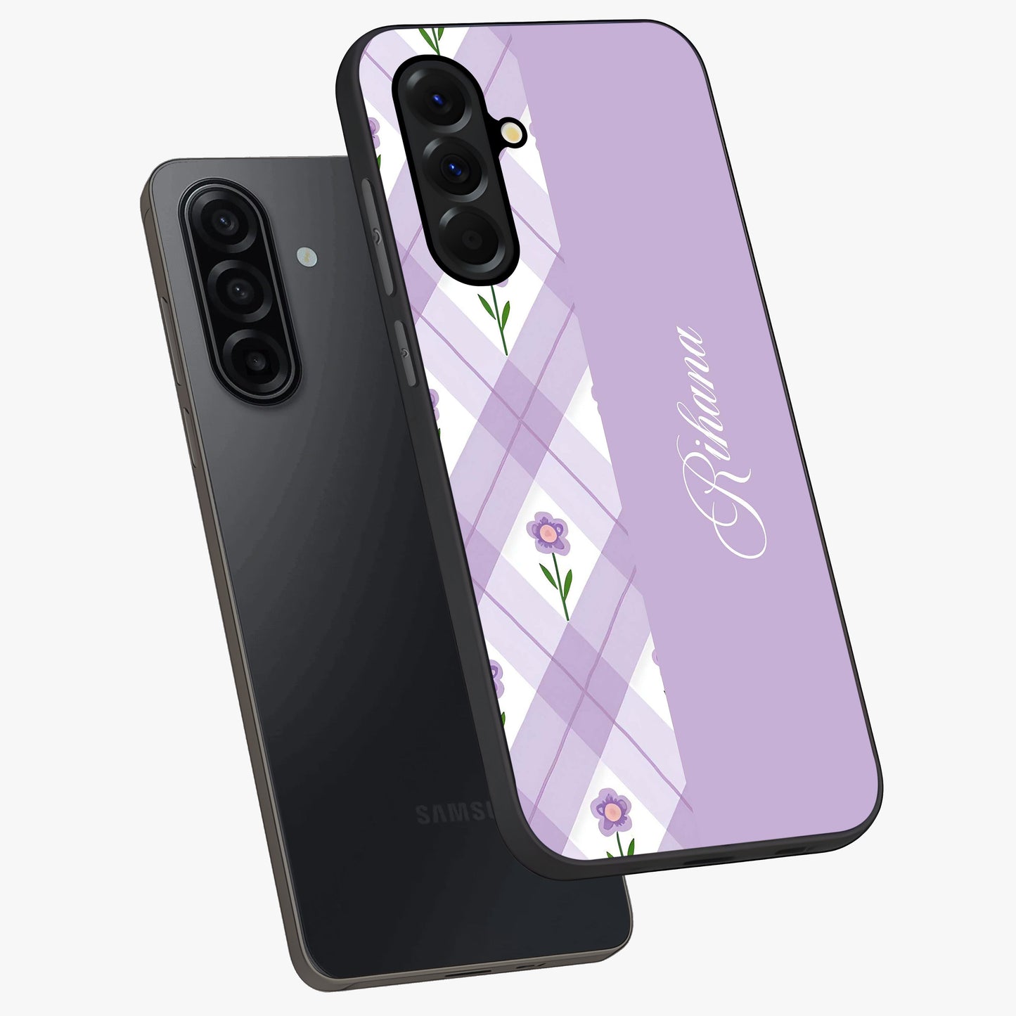 Purple Diamond Floral Glass Case displayed in angled mockup highlighting elegant purple flower design with decorative pattern.
