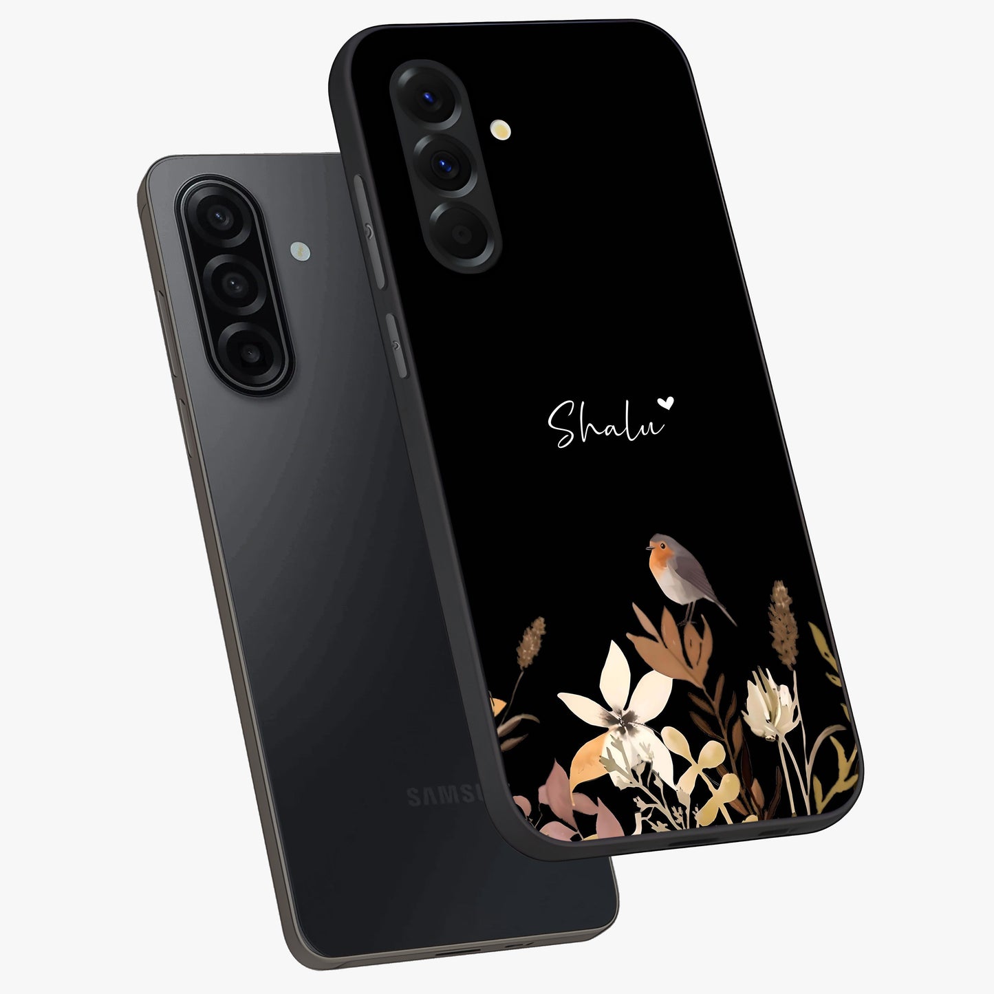 Quiet Garden Tune Custom Name Glass Case displayed in angled mockup highlighting delicate floral garden design with custom name feature.