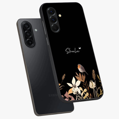 Quiet Garden Tune Custom Name Glass Case displayed in angled mockup highlighting delicate floral garden design with custom name feature.