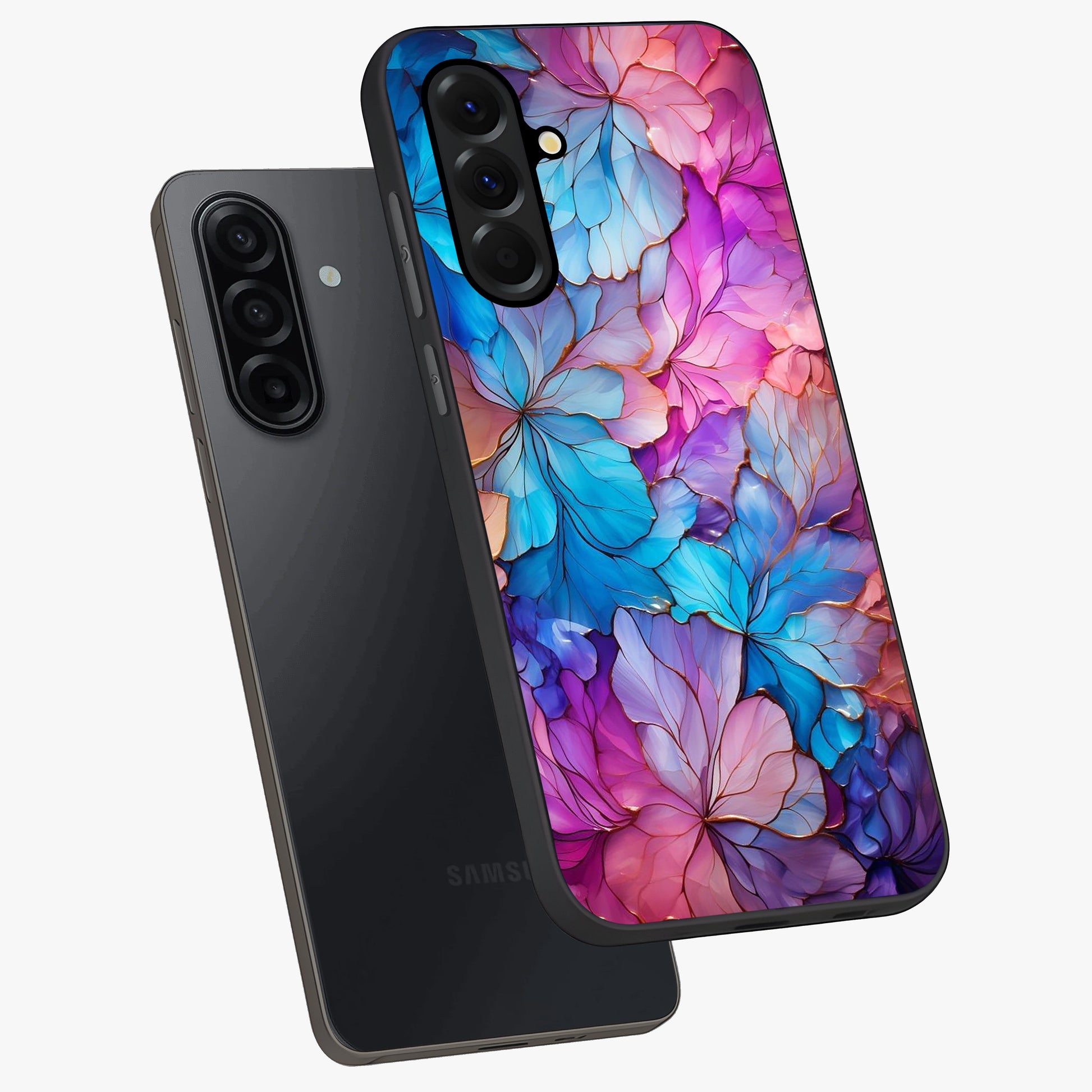 Radiant Floral Whirl Glass Case displayed in angled mockup highlighting vibrant flower pattern with dynamic artistic aesthetic.