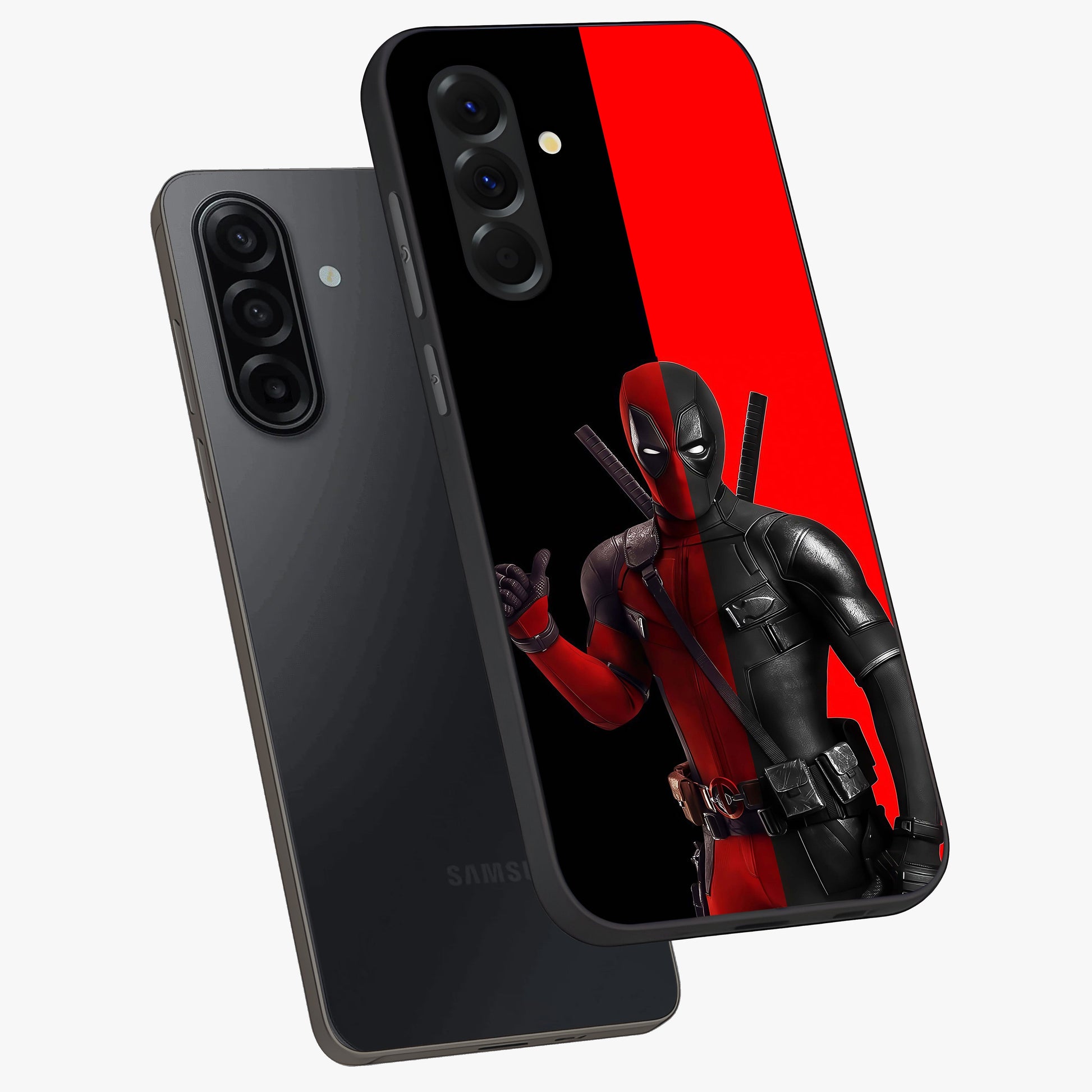 Red & Black Deadpool Theme Glass Case displayed in angled mockup highlighting vibrant superhero style illustration with action aesthetic.