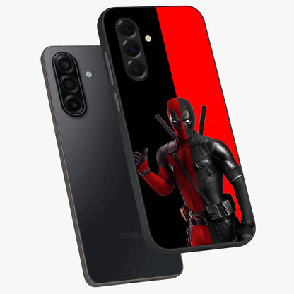 Red & Black Deadpool Theme Glass Case displayed in angled mockup highlighting vibrant superhero style illustration with action aesthetic.
