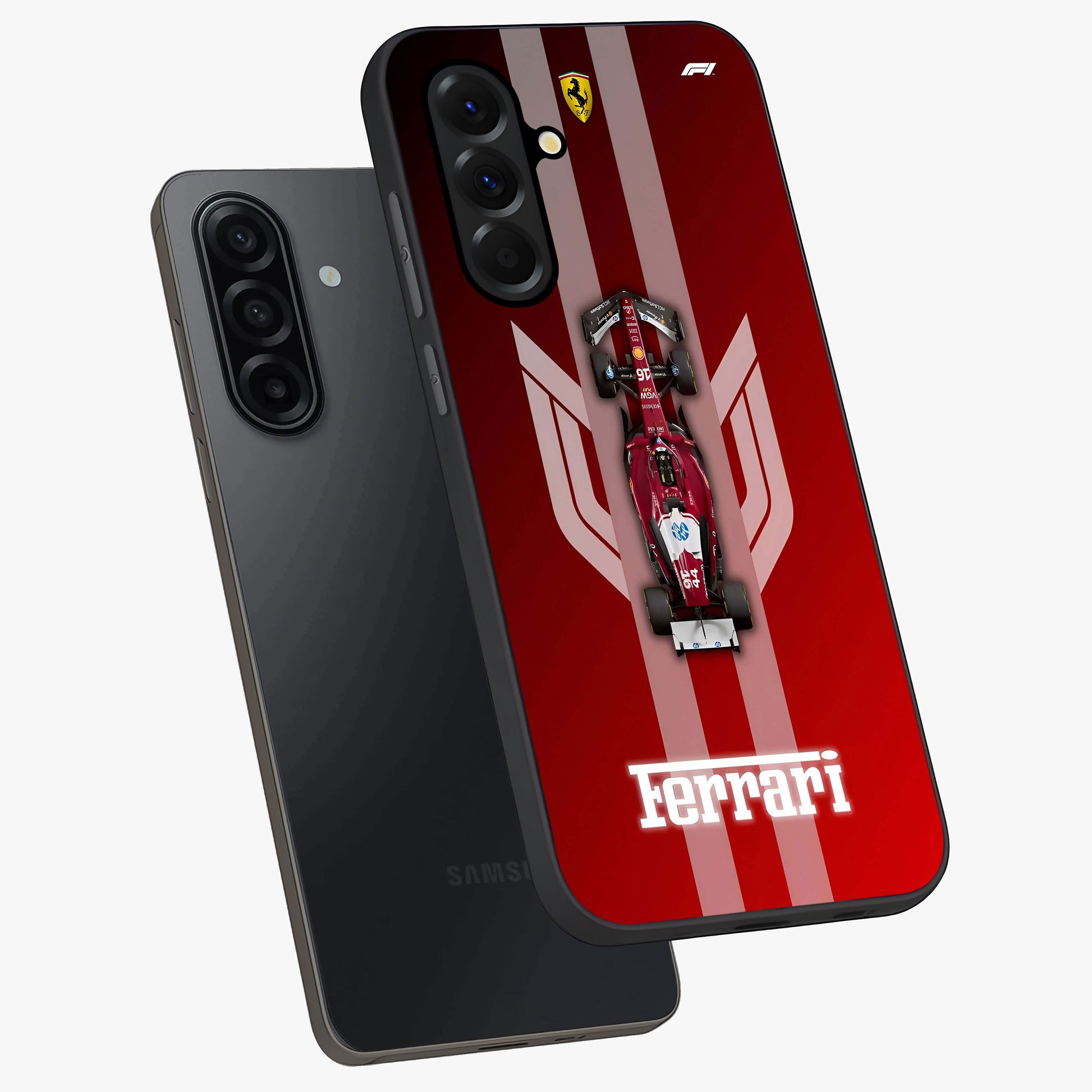 Red Ferrari F1 Vertical Glass Case displayed in angled mockup highlighting high speed racing design with bold automotive aesthetic.