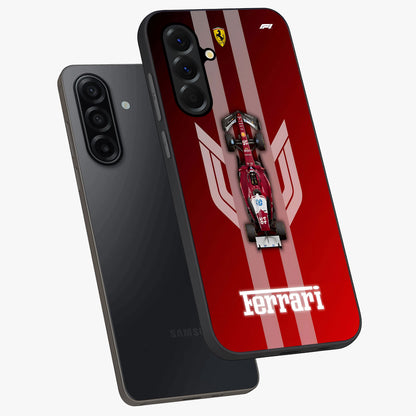 Red Ferrari F1 Vertical Glass Case displayed in angled mockup highlighting high speed racing design with bold automotive aesthetic.
