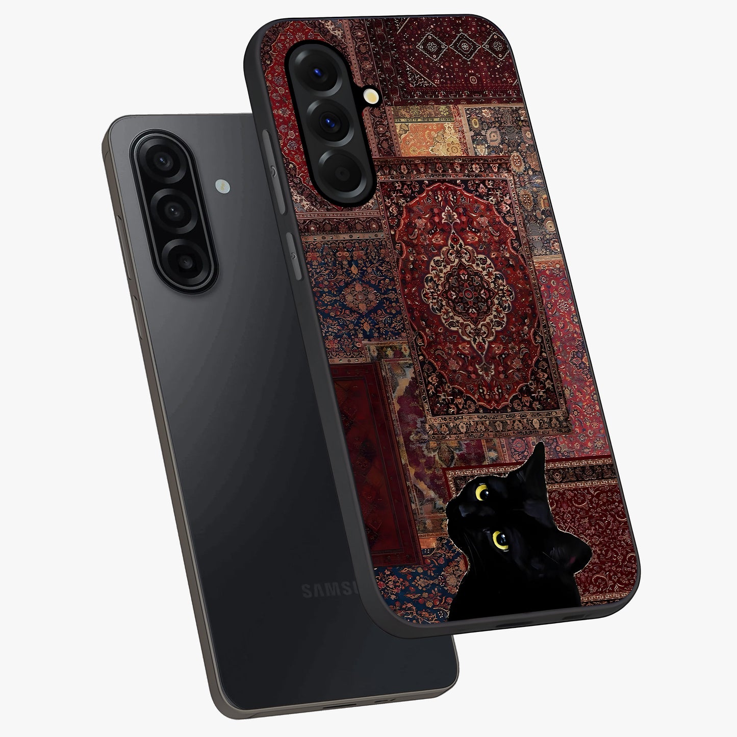 Regal Magic Cat Apple Glass Case displayed in angled mockup highlighting whimsical feline design with fantasy aesthetic.