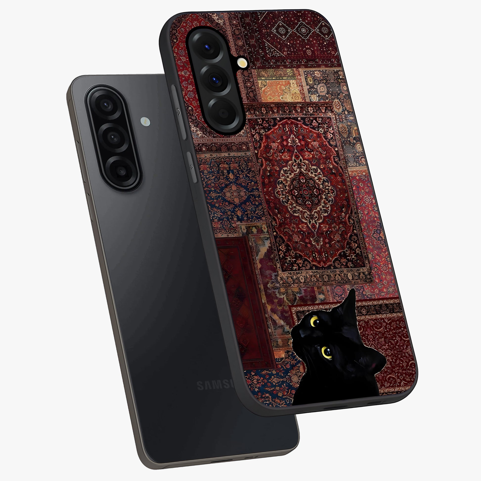 Regal Magic Cat Apple Glass Case displayed in angled mockup highlighting whimsical feline design with fantasy aesthetic.