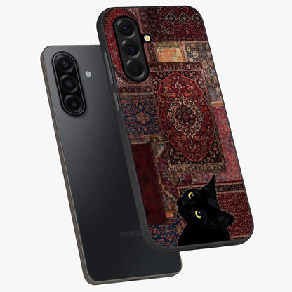 Regal Magic Cat Apple Glass Case displayed in angled mockup highlighting whimsical feline design with fantasy aesthetic.