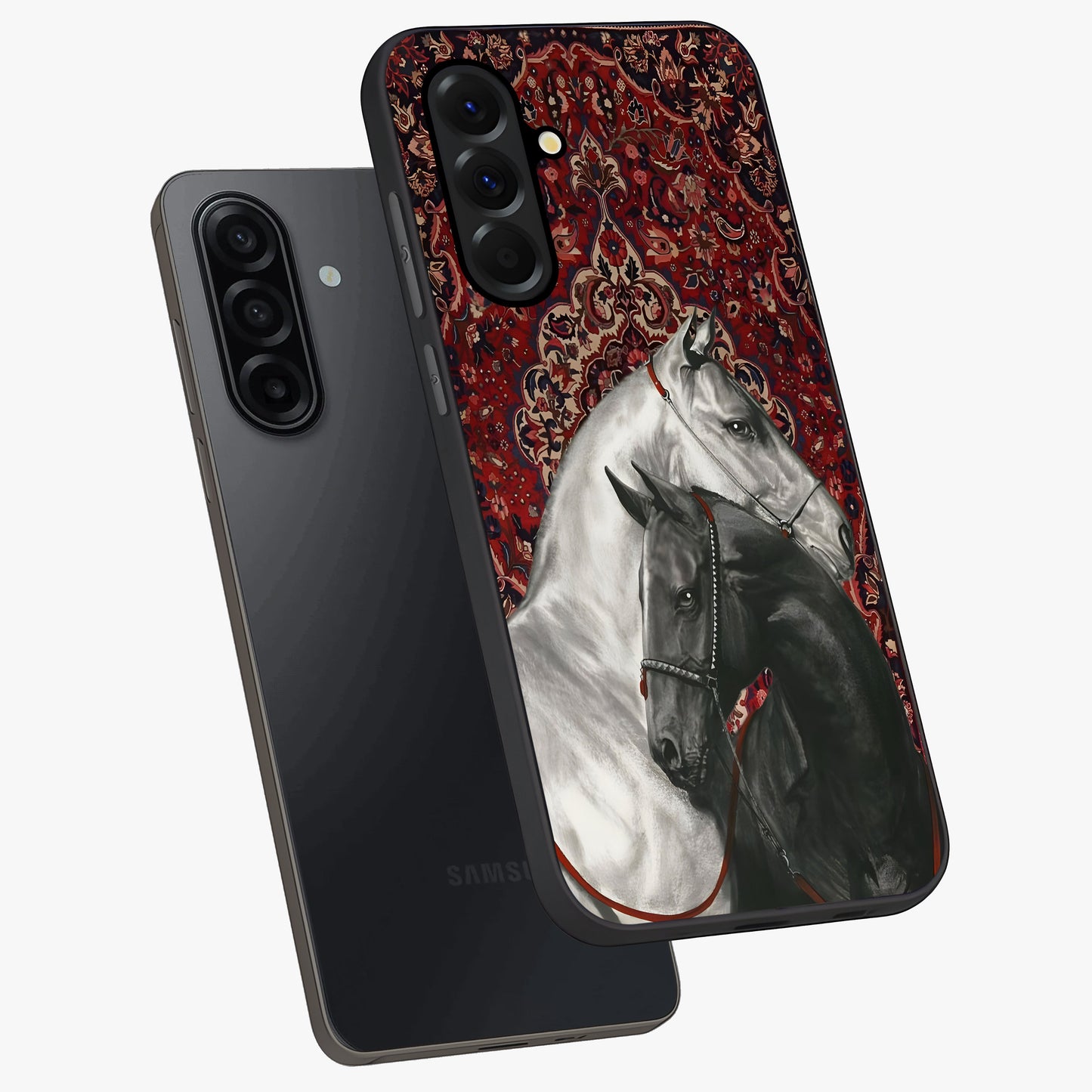 Regal Stallion Tapestry Glass Case displayed in angled mockup highlighting royal stallion design with decorative heritage aesthetic.