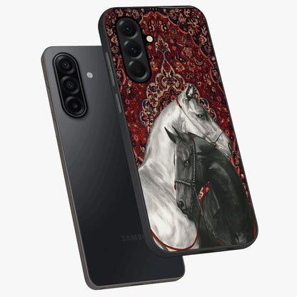 Regal Stallion Tapestry Glass Case displayed in angled mockup highlighting royal stallion design with decorative heritage aesthetic.