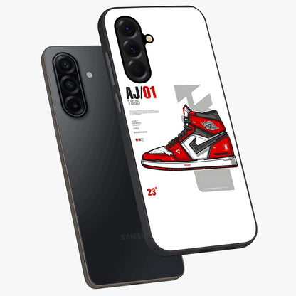 Retro Sneaker Blueprint Glass Case displayed in angled mockup highlighting detailed shoe design with sporty retro aesthetic.