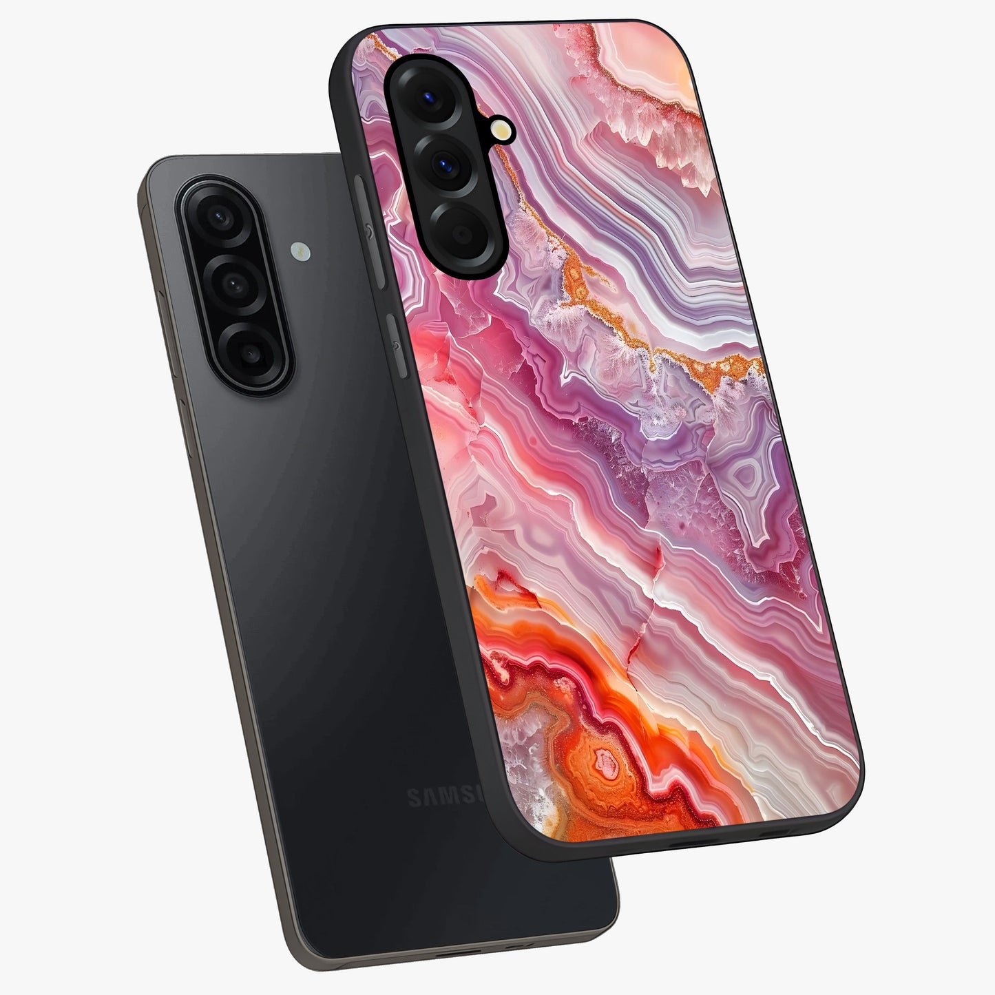 Rose Quartz Marble Glass Case displayed in angled mockup highlighting elegant marble pattern with soft aesthetic style.