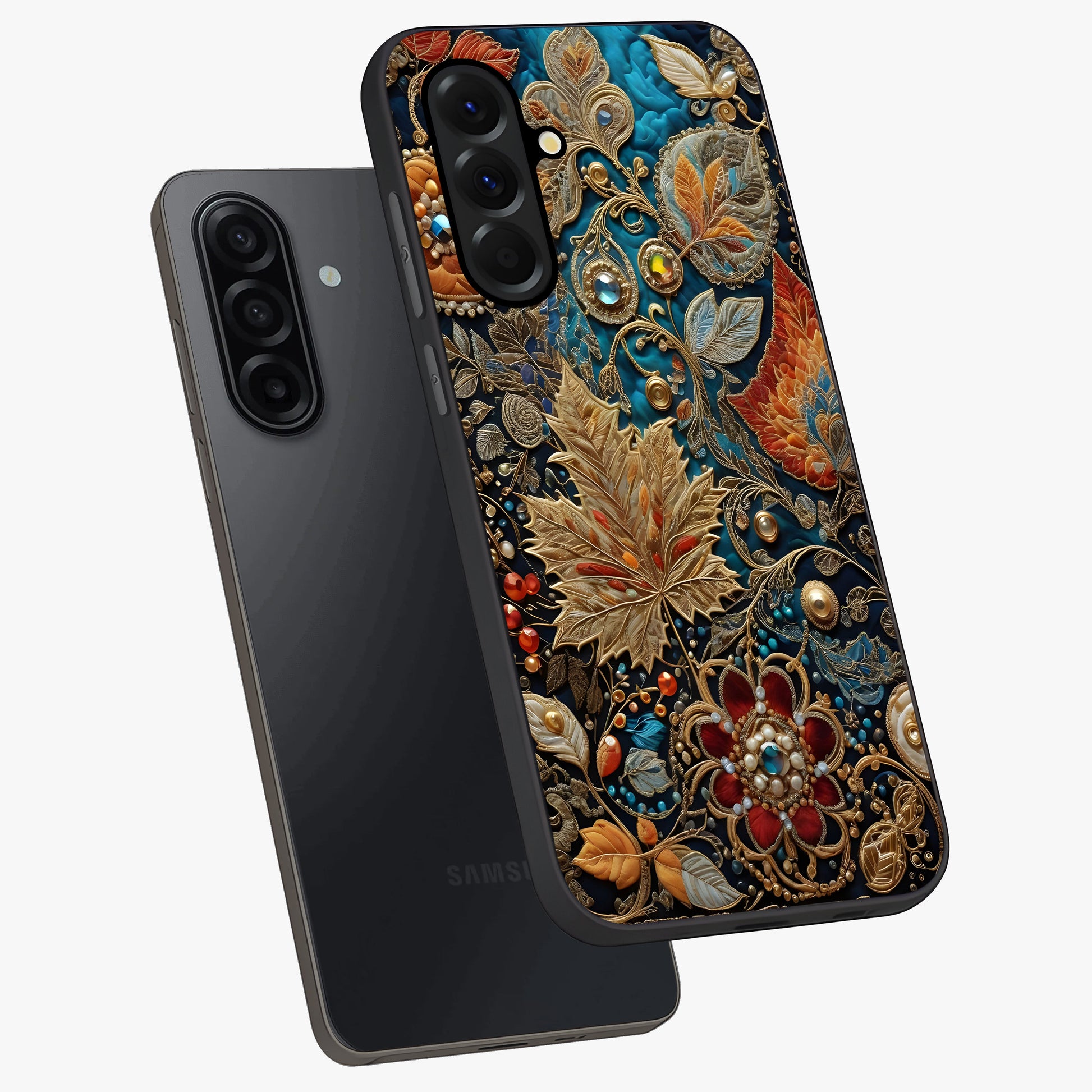 Royal Jewel Garden Glass Case displayed in angled mockup highlighting vibrant jewel inspired floral design with elegant aesthetic.