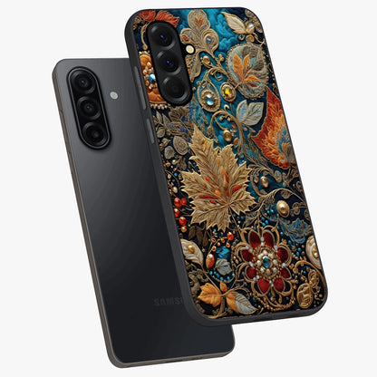 Royal Jewel Garden Glass Case displayed in angled mockup highlighting vibrant jewel inspired floral design with elegant aesthetic.