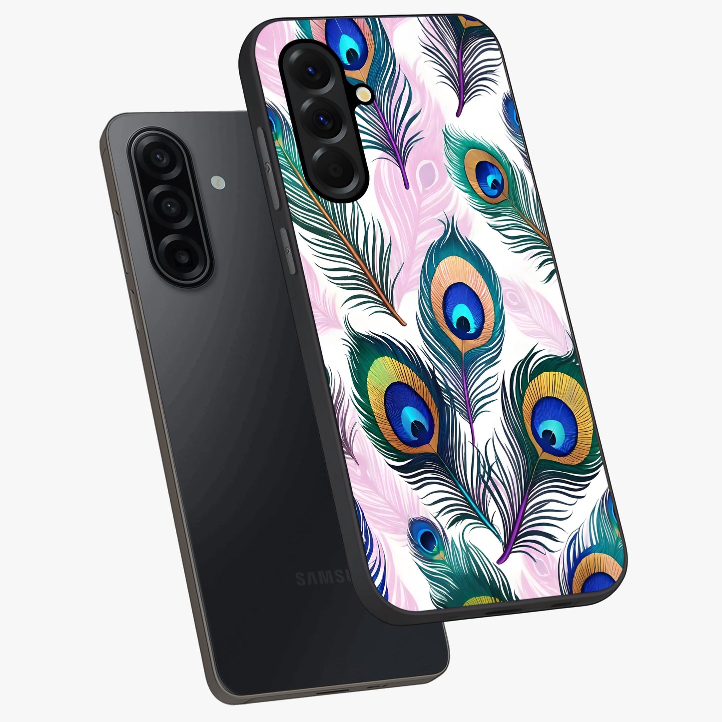 Royal Peacock Feathers Glass Case displayed in angled mockup highlighting vibrant feather pattern with regal aesthetic style.