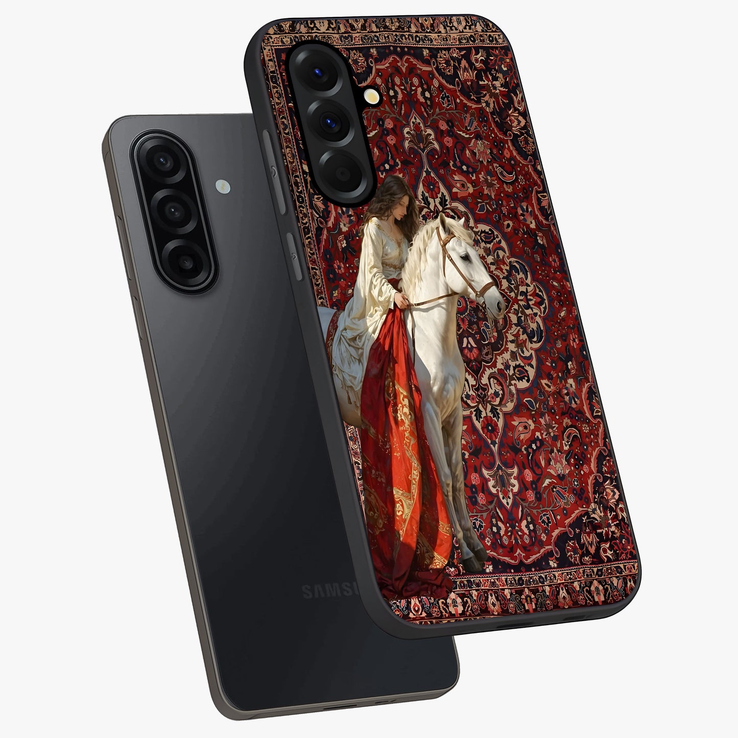 Royal Rider Tapestry Glass Case displayed in angled mockup highlighting traditional tapestry design with royal heritage aesthetic.