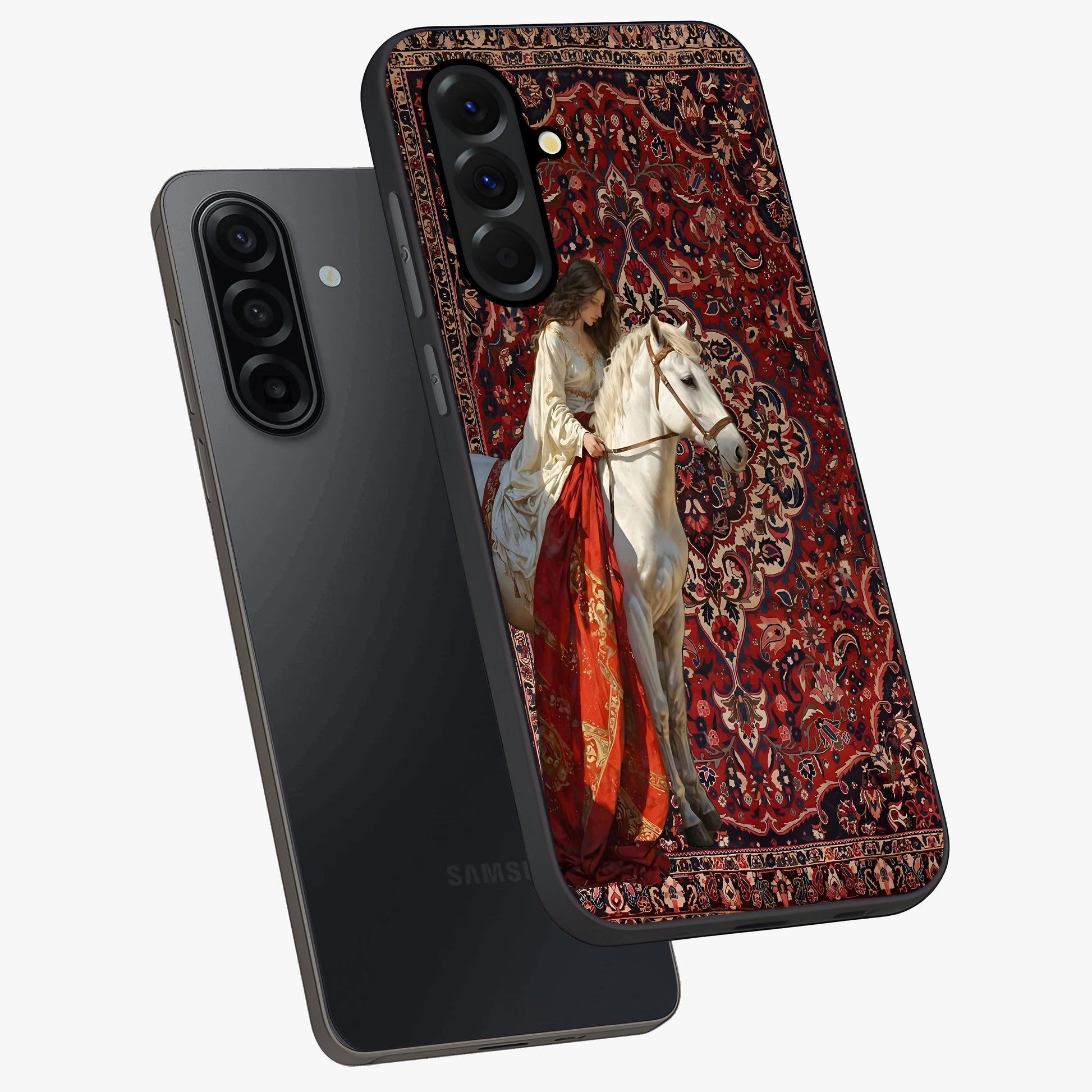 Royal Rider Tapestry Glass Case displayed in angled mockup highlighting traditional tapestry design with royal heritage aesthetic.